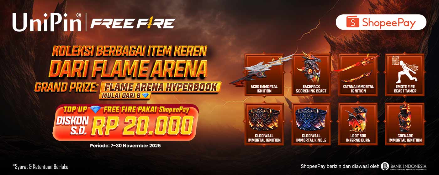Panaskan Aksi di Flame Arena Hyperbook Free Fire! Diskon s.d. Rp20.000 dengan Bayar Pakai ShopeePay di UniPin!
